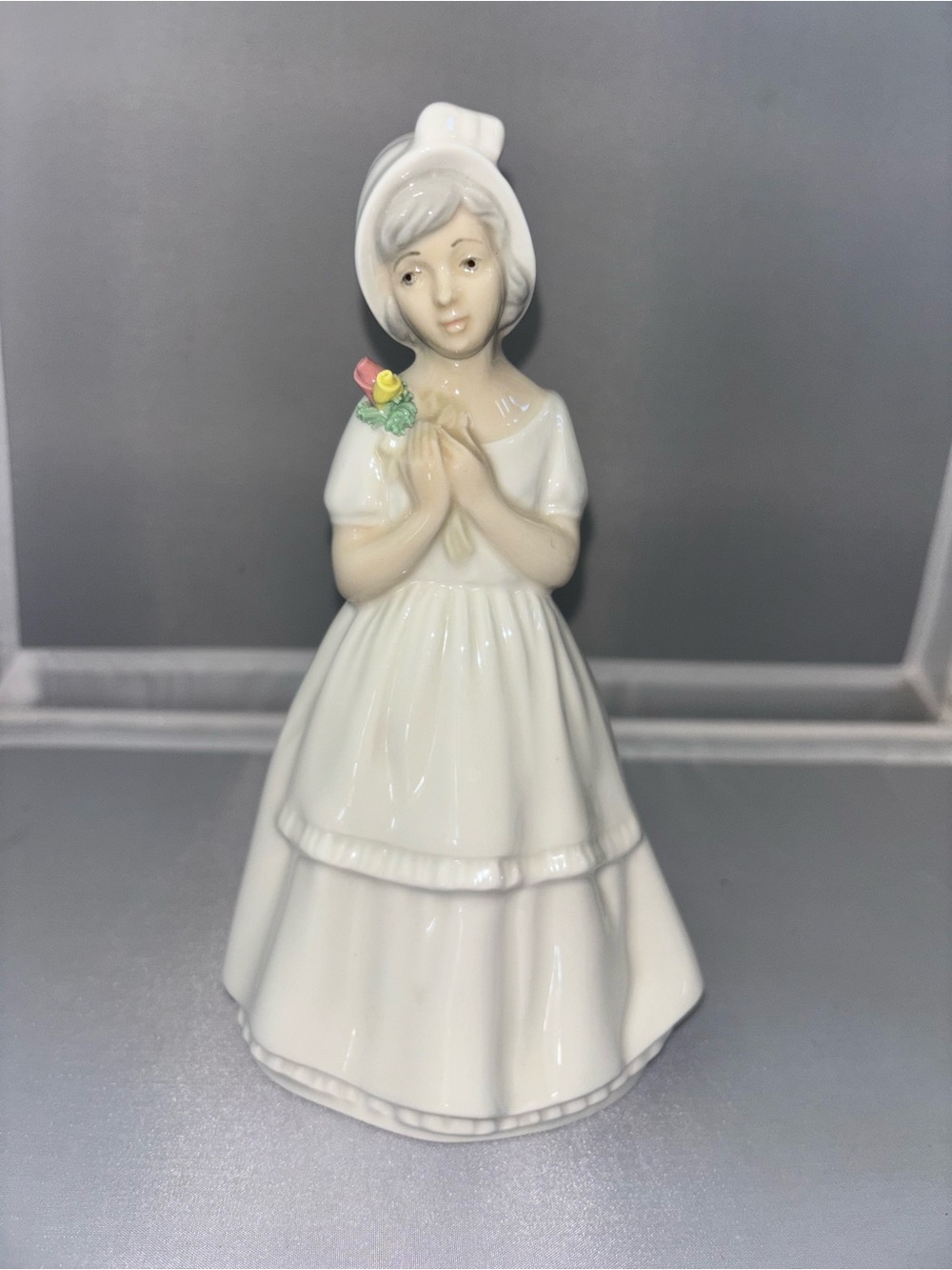 Porcelain Girl Figurine White with Pastel Flower Accent Valencia Spain Porceva